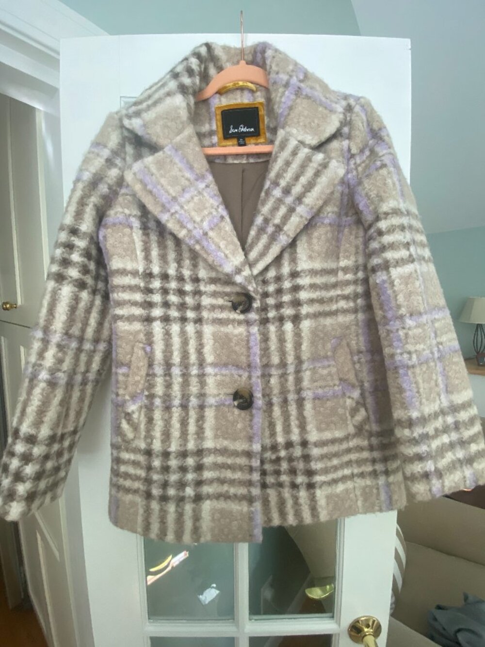 Sam Edelman Lavender & Tan Gingham Print Short Peacoat Size XS